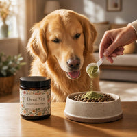 Espolvoreando DentiVet sobre la comida de un golden retriever