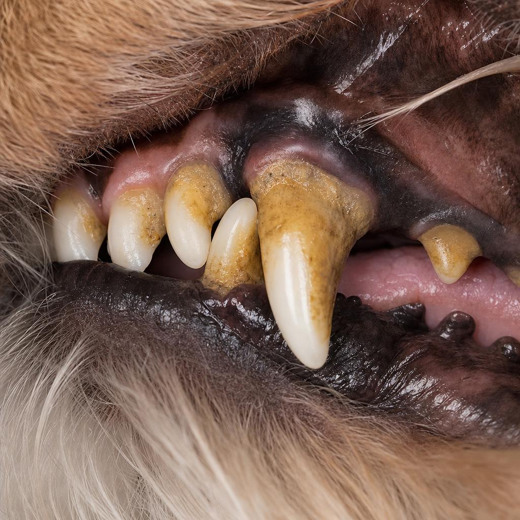 Dientes de perro con sarro antes de usar DentiVet